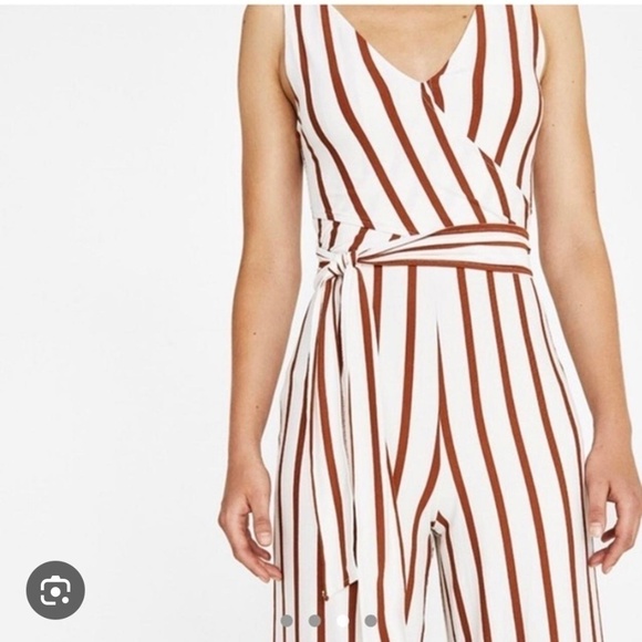 Bershka Anthropologie Jumpsuit Brown White Stripe Convertible Belted Cropped Leg - Picture 2 of 16